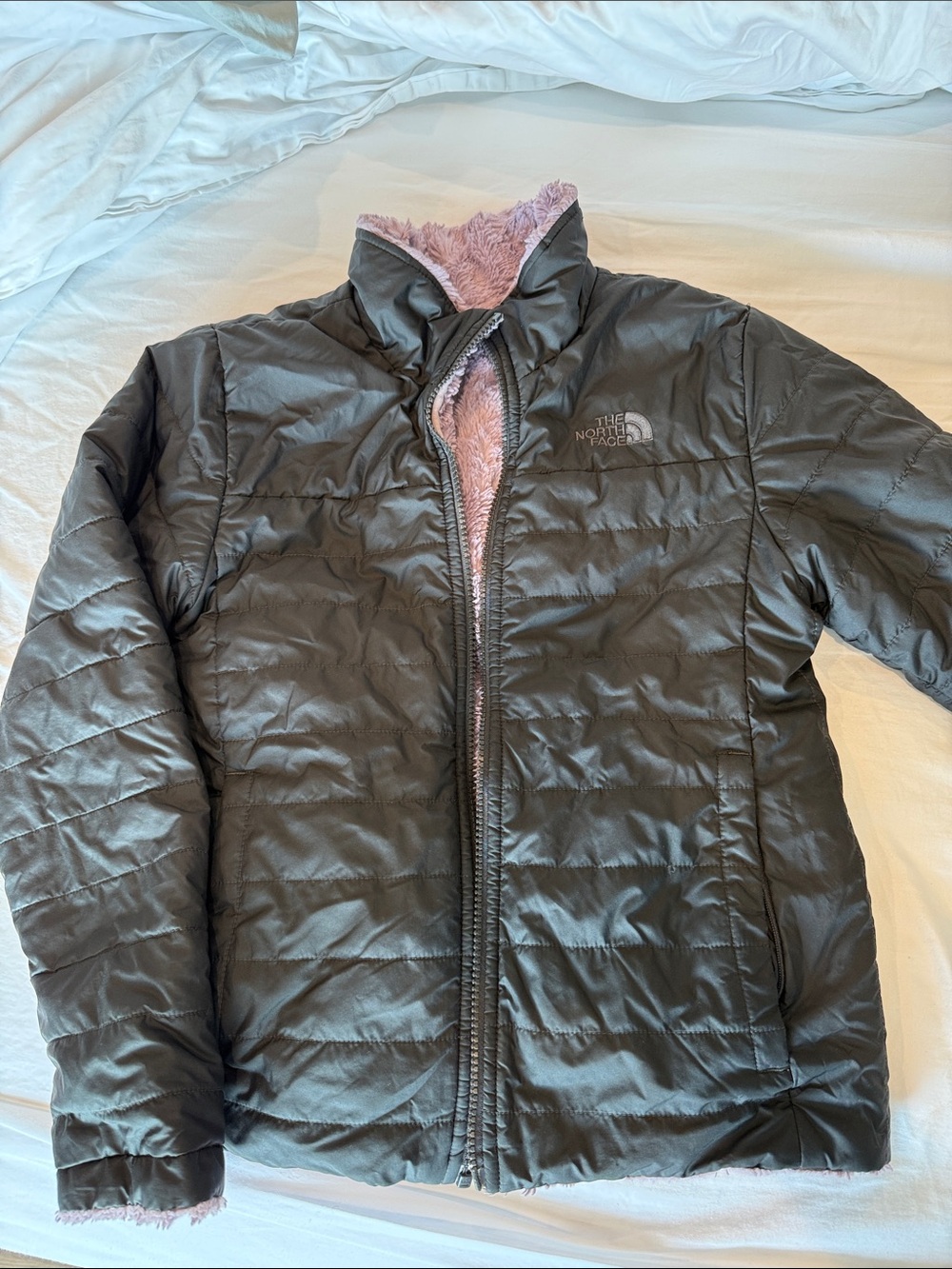 The North Face Black Puffer Jacket with Pink Sherpa Lining